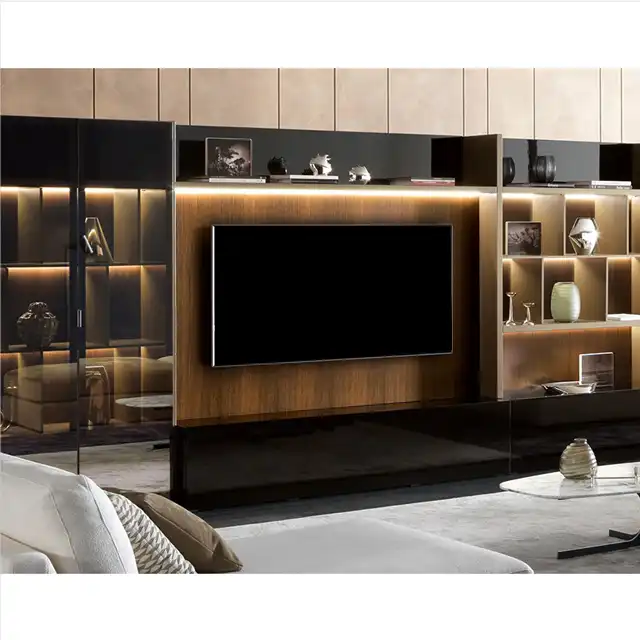 Modern Minimalist Living Room TV Wall Design - Wood Veneer with Black Frame and Warm Yellow Light Strips