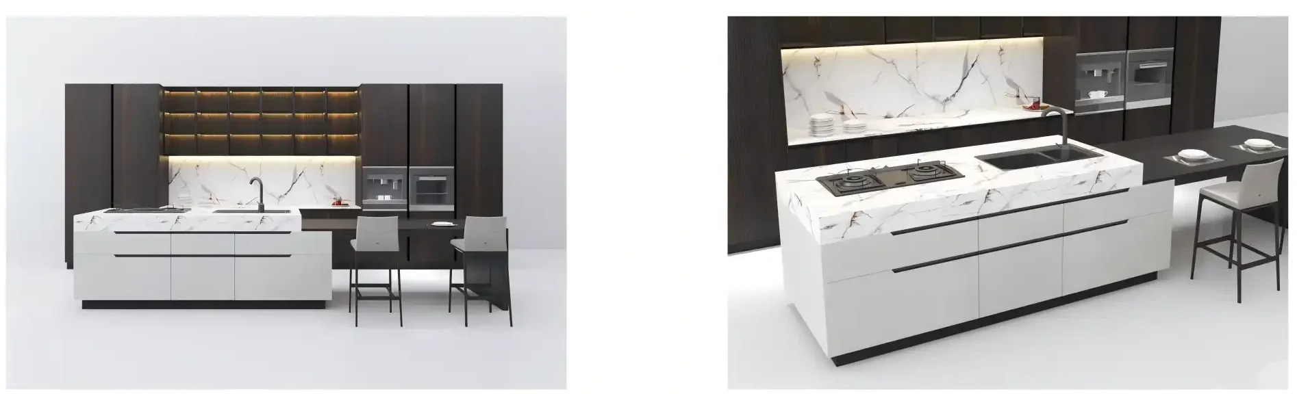 Modern Kitchen Design Renderings - L-shaped Layout with Dark Wood Cabinets and Central Island Configuration