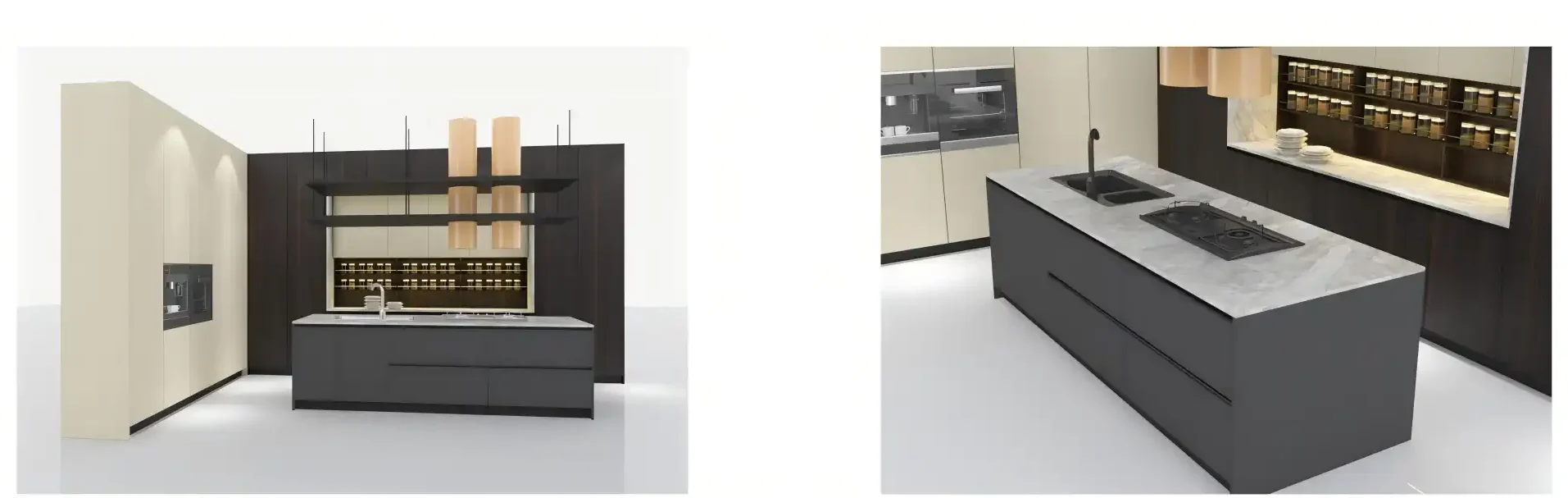 Modern Kitchen Design Renderings - L-shaped Layout with Dark Wood Cabinets and Central Island Configuration