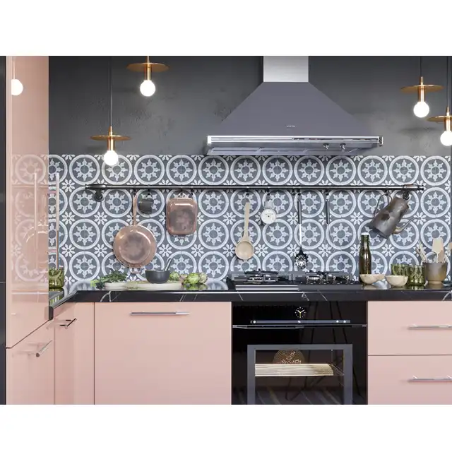 Modern Kitchen with Pink Cabinet, Geometric Backsplash and Brass Pendant Lighting