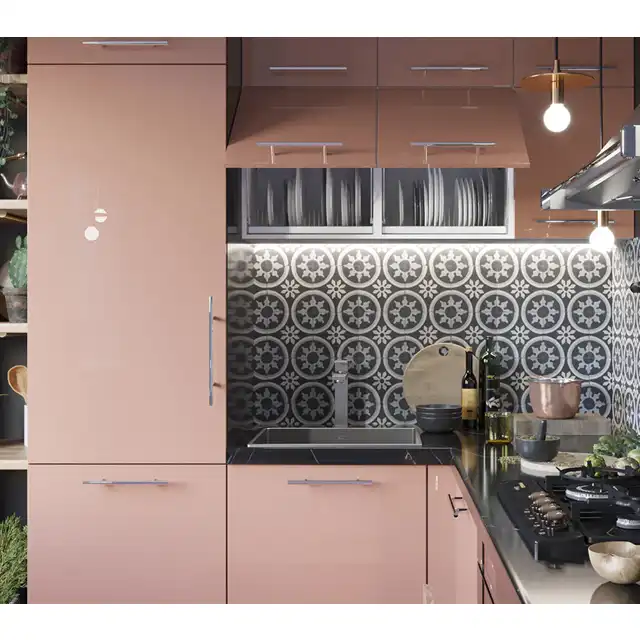 Modern Kitchen with Pink Cabinet, Geometric Backsplash and Brass Pendant Lighting
