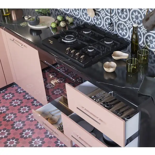 Modern Kitchen with Pink Cabinet, Geometric Backsplash and Brass Pendant Lighting