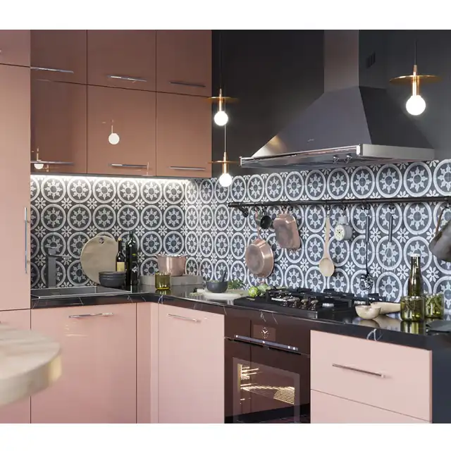 Modern Kitchen with Pink Cabinet, Geometric Backsplash and Brass Pendant Lighting
