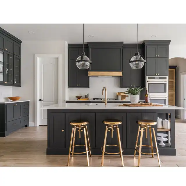 Modern Kitchen with Dark Gray Cabinetry, Brass Hardware and Central Island Design