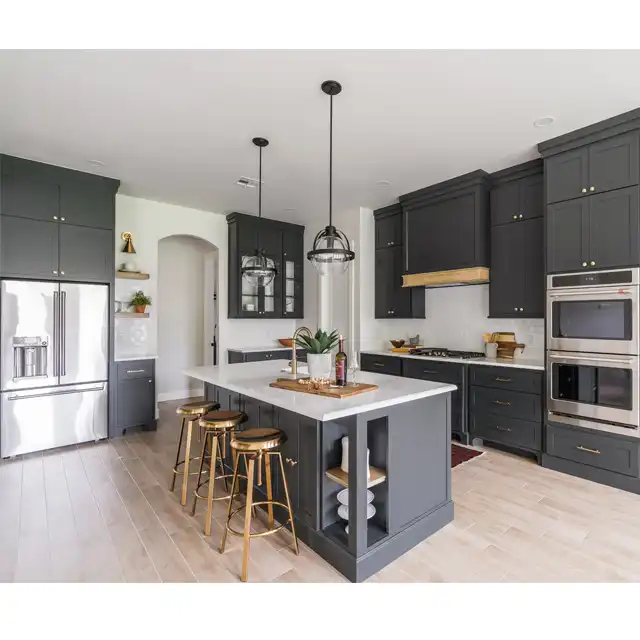 Dark Gray Kitchen Cabinet, Brass Hardware and Central Island Design