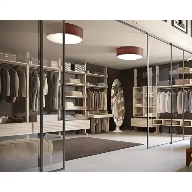 Modern Minimalist Walk-in Closet with Glass Sliding Doors and Open Shelving