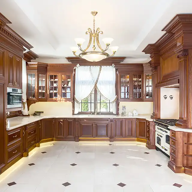 Traditional Kitchen Renovation with Solid Wood Cabinetry and Brass Chandelier