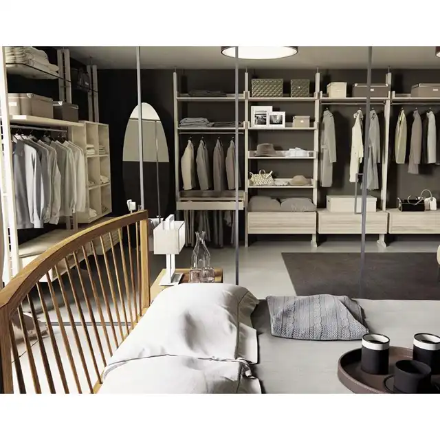 Modern Minimalist Walk-in Closet Design: Glass Sliding Doors and Organized Storage Solutions