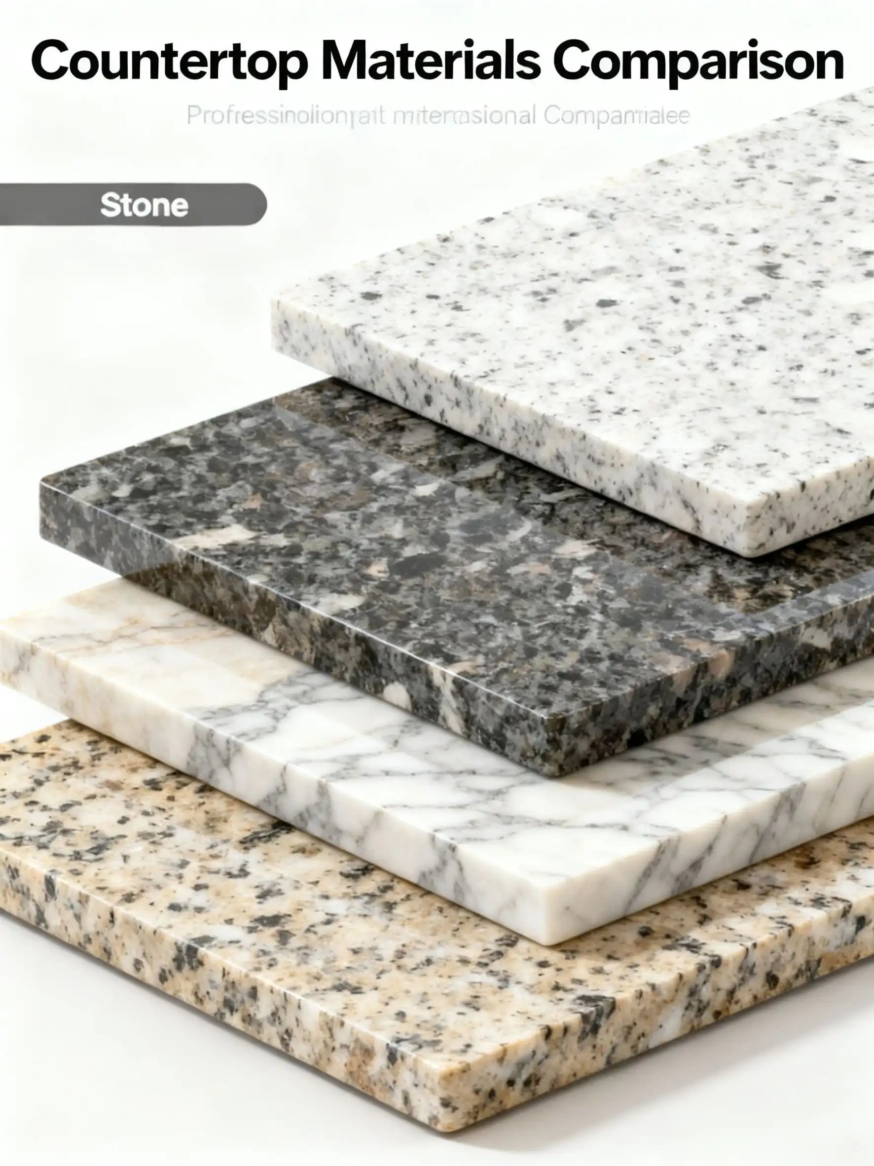 台面材料对比 Kitchen Countertop Material Comparison for Renovation - Granite, Marble and Terrazzo Stone Options