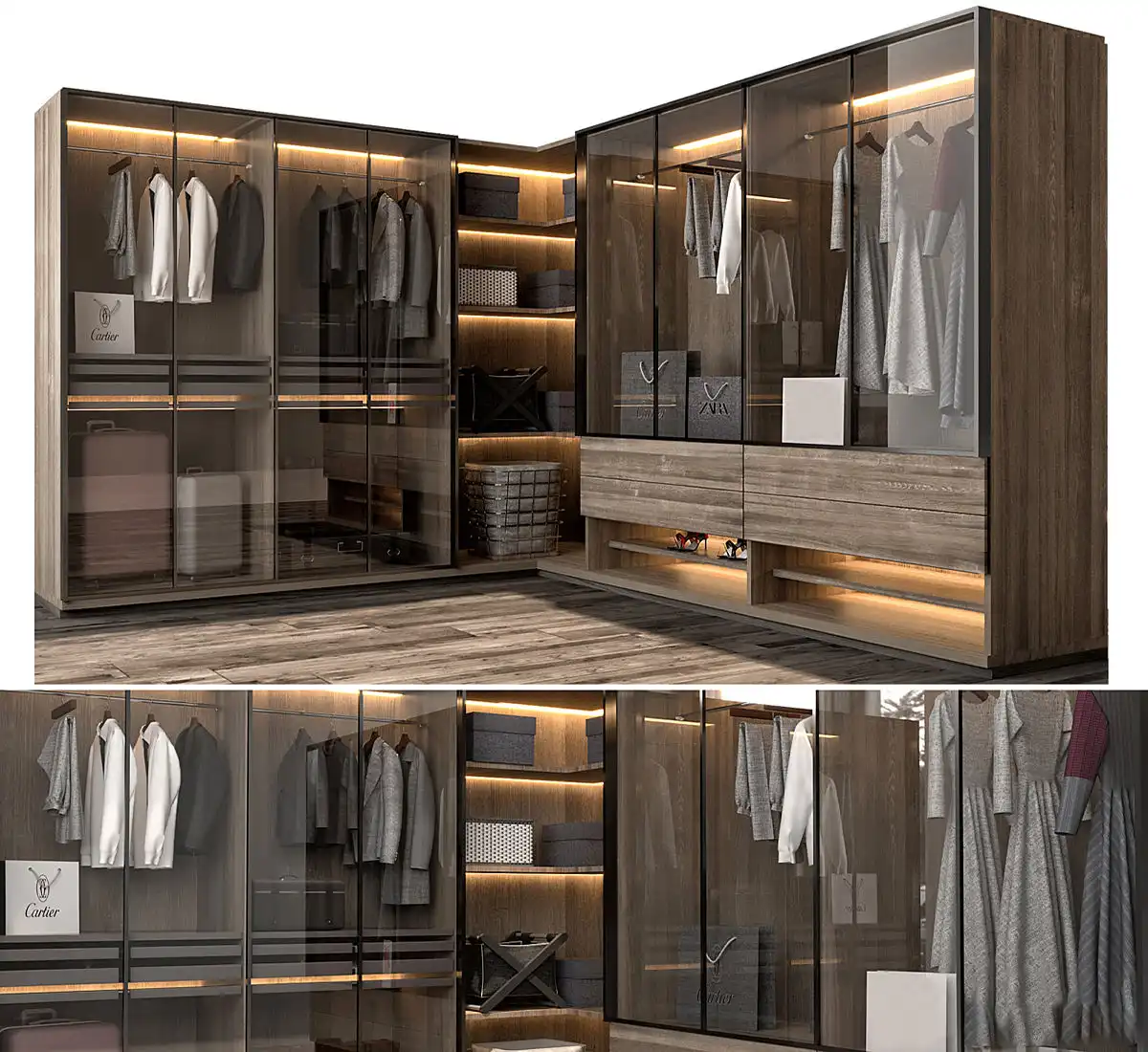 Modern Luxury Walk-in Closet Design with Glass Front Cabinetry and LED Lighting