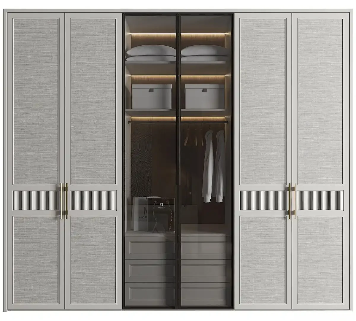 Modern Combination Wardrobe with Textured Gray Doors and Glass Display Sections