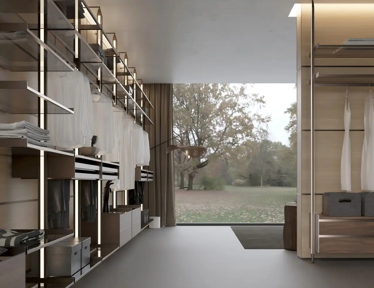 Modern Minimalist Walk-in Closet with Open Shelving and LED Lighting