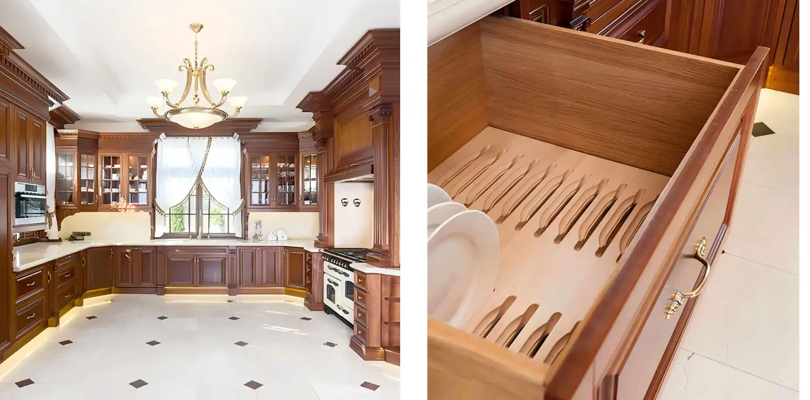 Dark wood kitchen base cabinets with brass hardware, built-in knife organizers, and glass-front upper cabinets in traditional luxury kitchen design