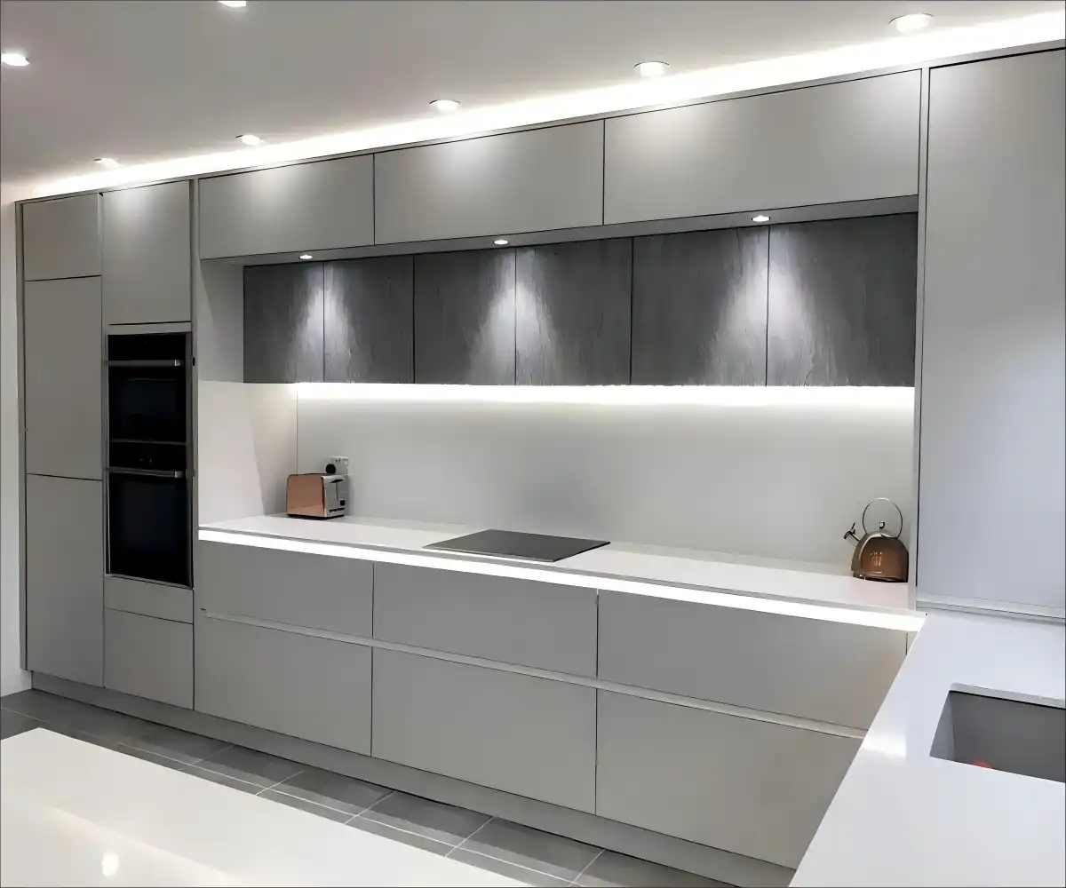 Two-Tone Gray Kitchen Cabinets with Wooden Accent Paneling