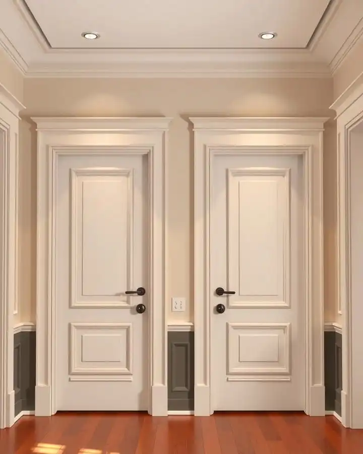 Classic White Interior French Doors with Ornate Paneling and Dark Hardware