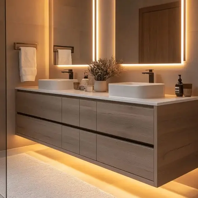 Modern Bathroom Vanity with White Marble Countertop and LED Mirror Lighting