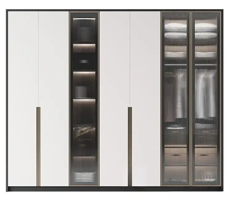 Modern Combination Wardrobe with Glass Doors, LED Lighting and Gold Accents