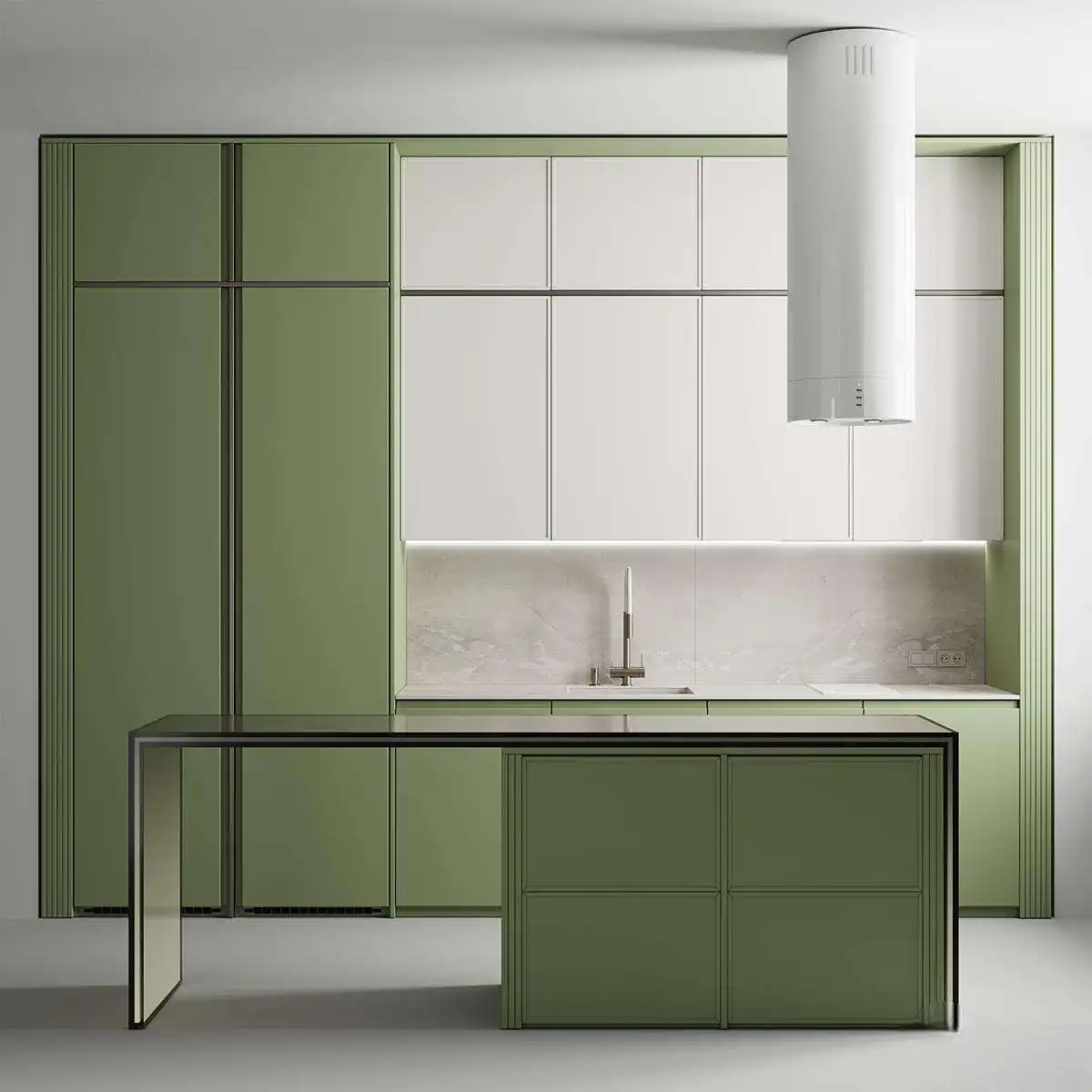 Two-Tone Sage Green and White Kitchen Cabinets with Black Accents