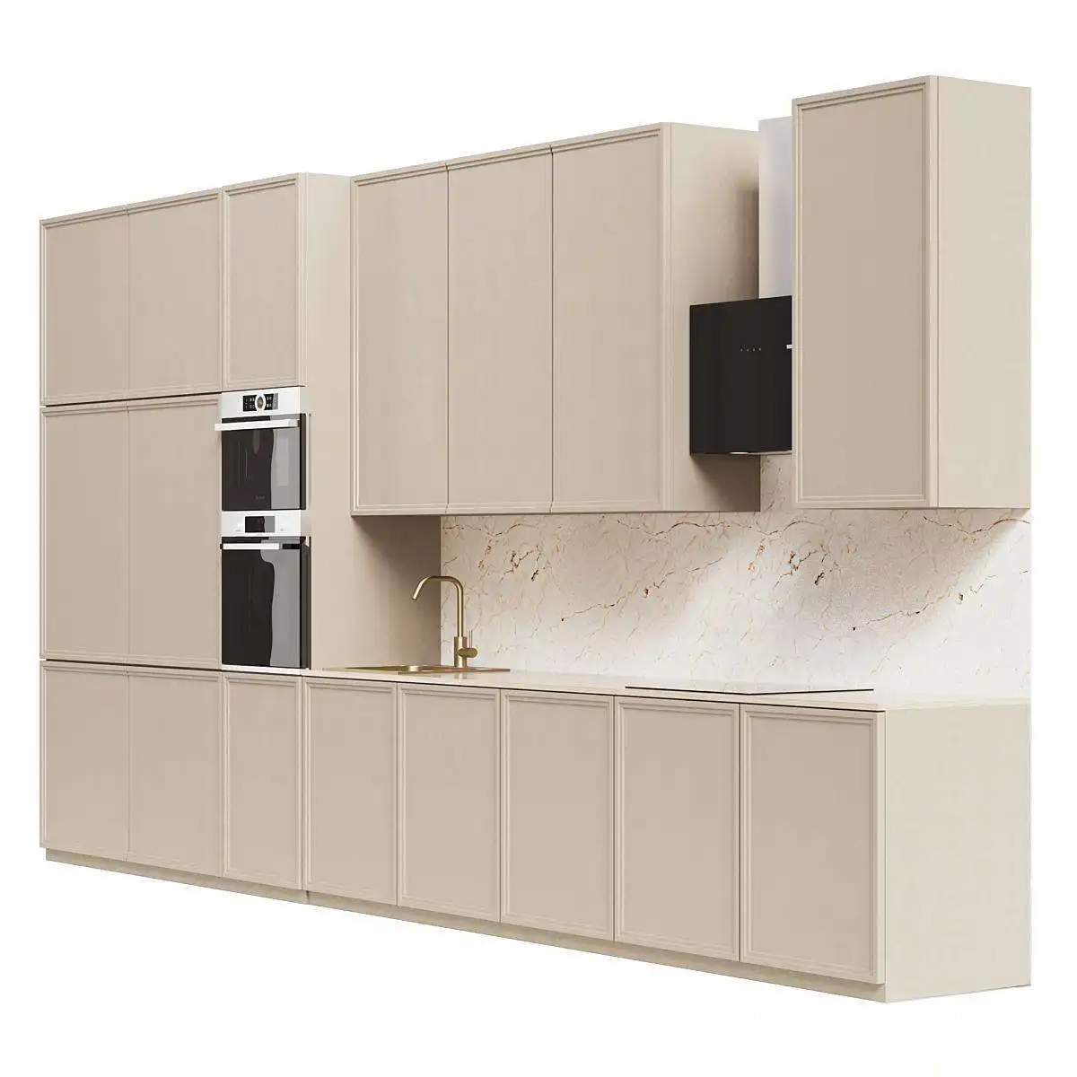 Modern Beige Kitchen with Marble Backsplash and Integrated Double Oven