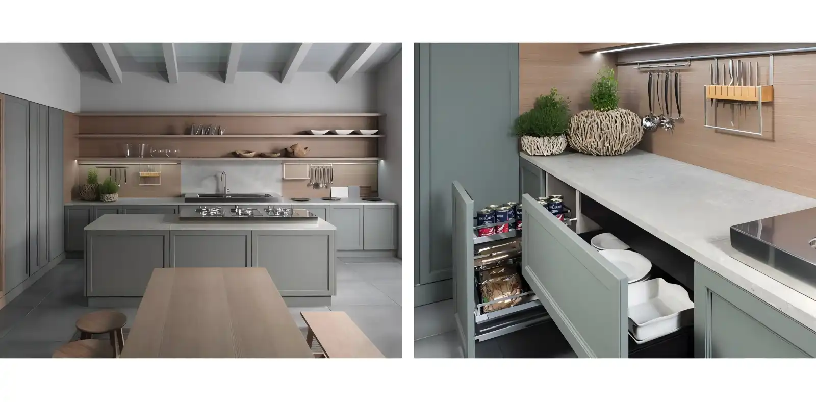 Light gray kitchen base cabinets with pull-out storage drawers, integrated island, and wooden shelving in modern minimalist kitchen design