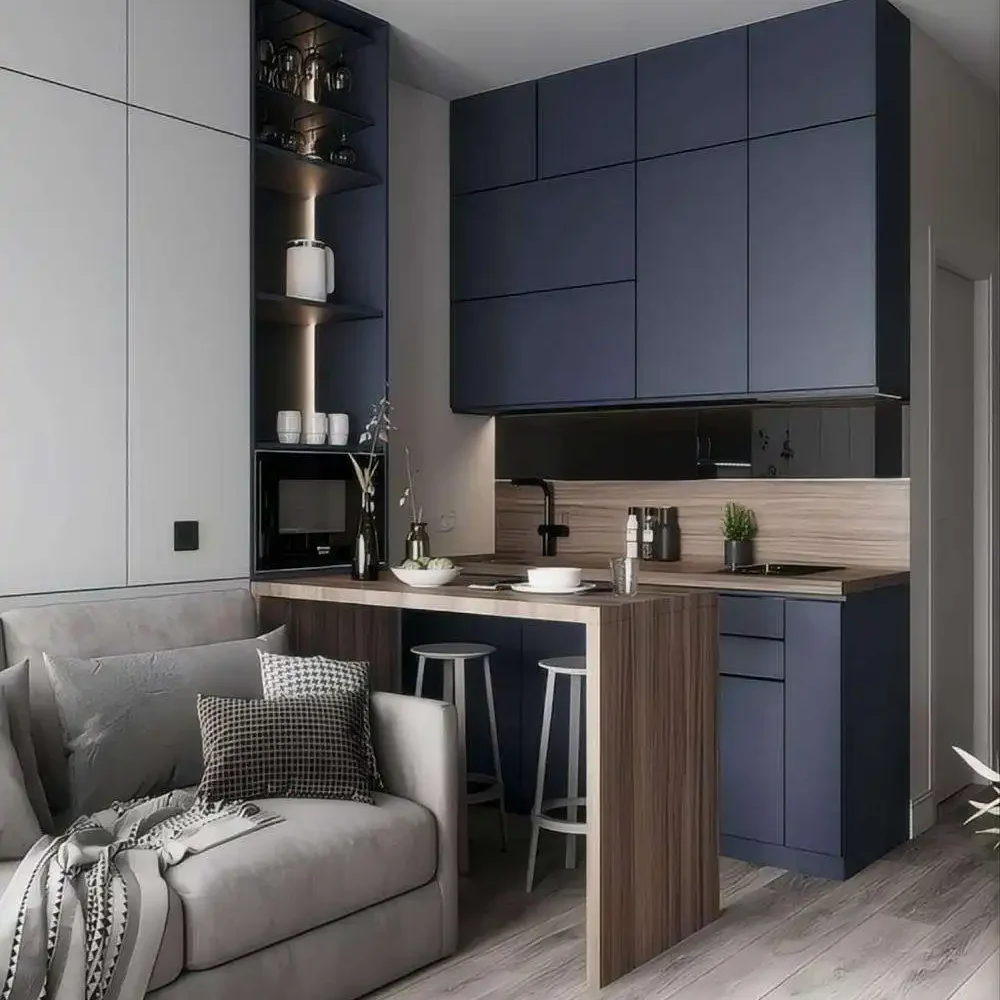 Modern Wall Kitchen Cabinet Design with Deep Blue Cabinetry and Open Shelving