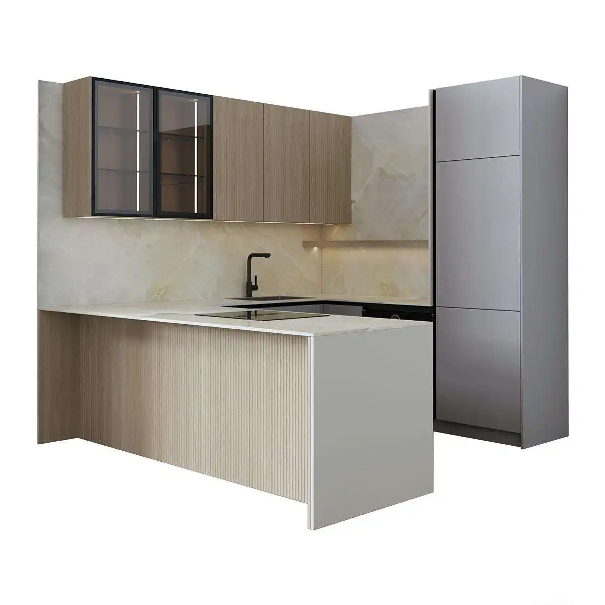 Modern Wall Kitchen Cabinet Design with Light Wood Grain and Glass Front Display