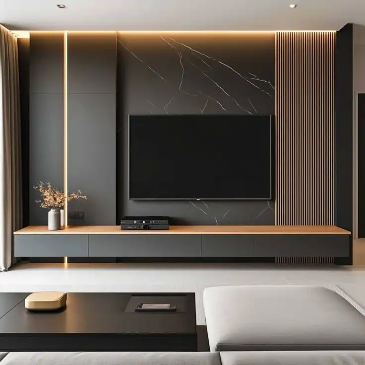 Modern Black TV Unit with Floating Cabinet and LED Backlit Wall Panel Design