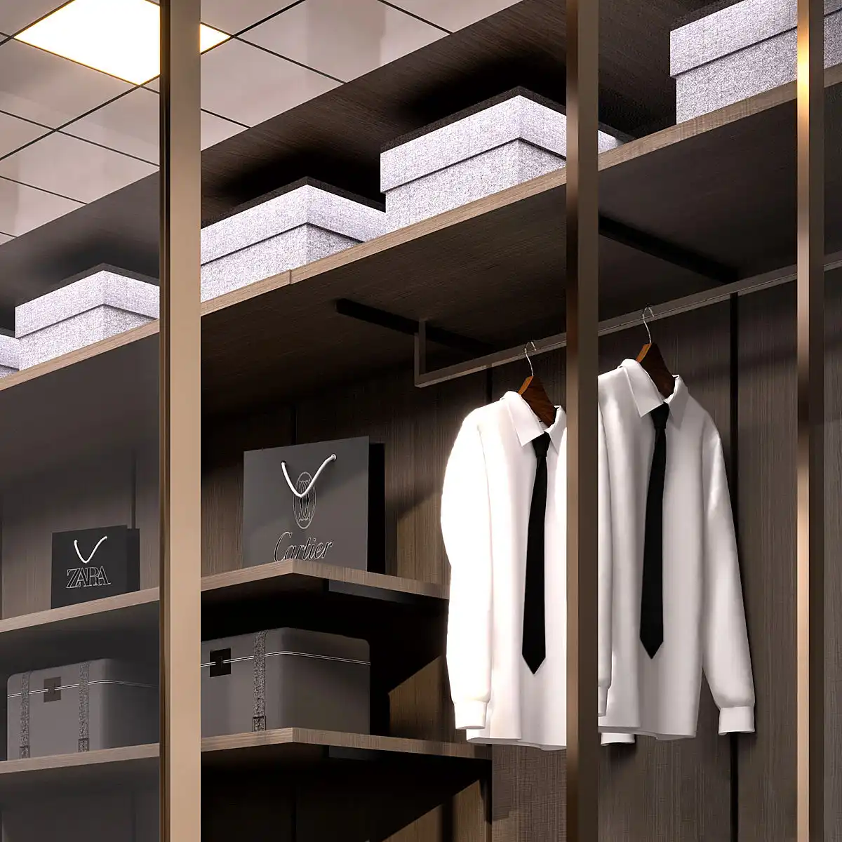 Modern Luxury Walk-in Closet Design with Glass Front Cabinetry and LED Lighting