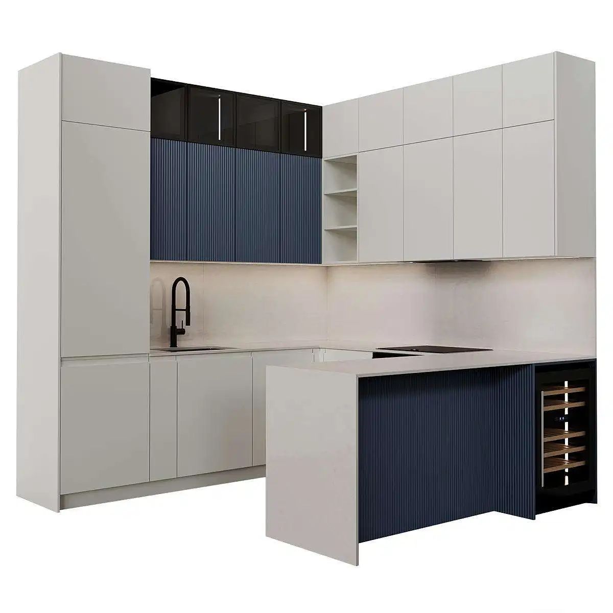 Contemporary Wall Kitchen Cabinet Design with Navy Blue Textured Panels and Open Shelving