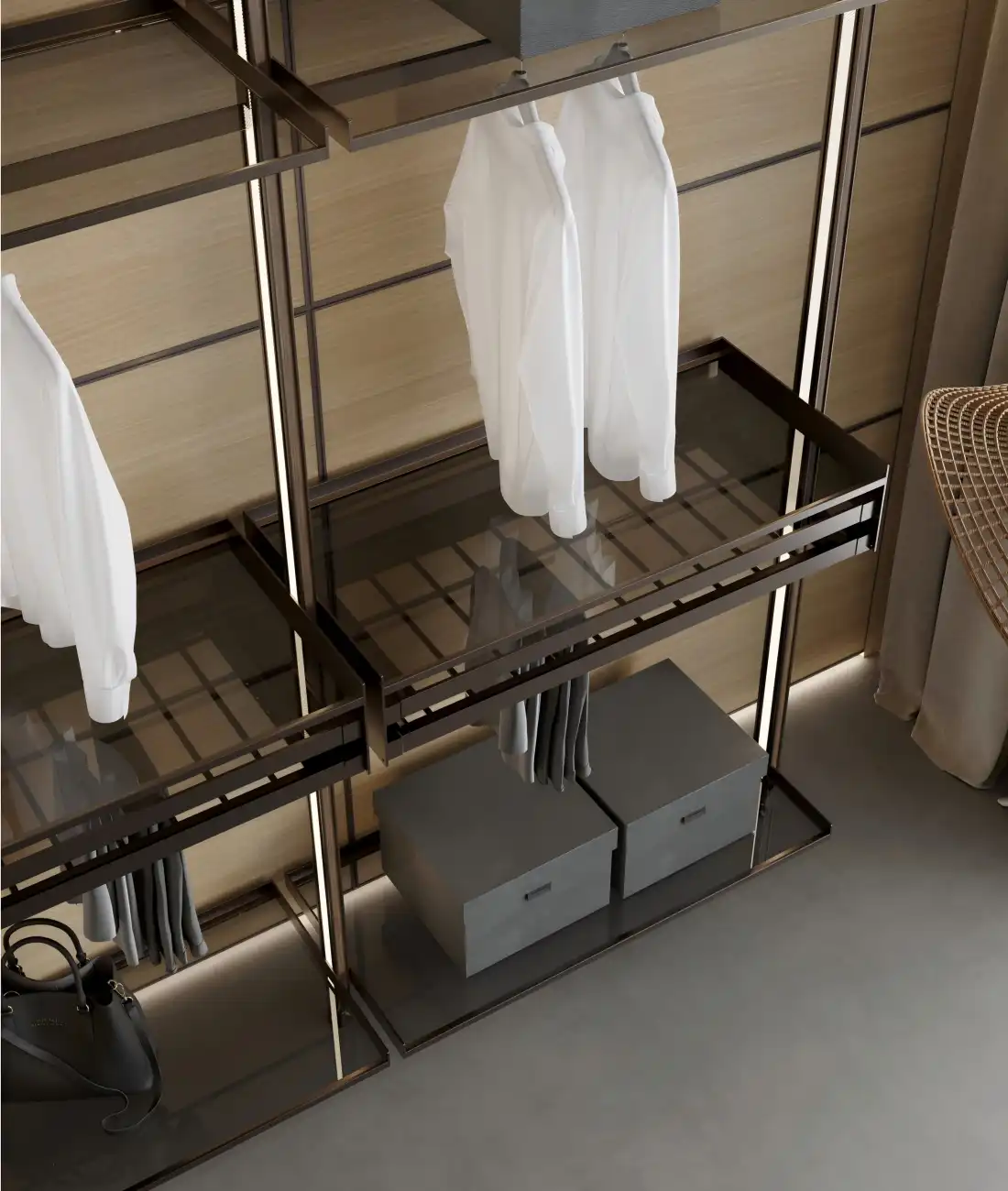 Modern Minimalist Walk-in Closet with Open Shelving and LED Lighting