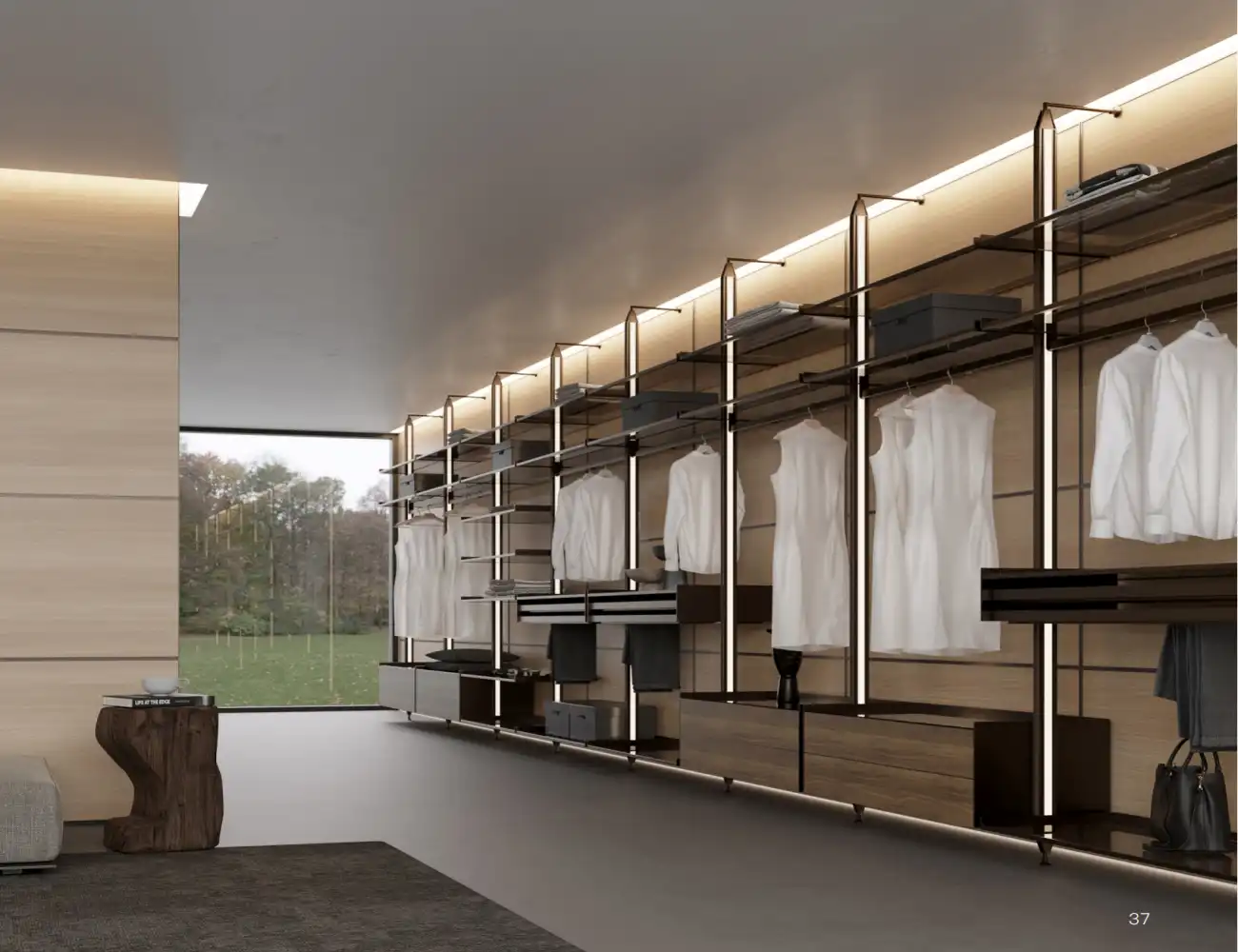 Modern Minimalist Walk-in Closet with Open Shelving and LED Lighting