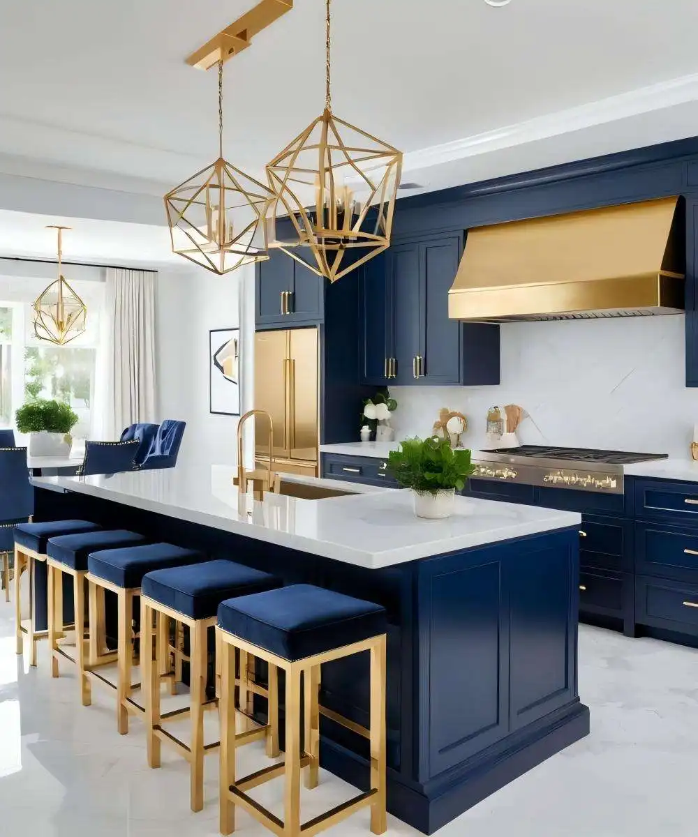 Luxury Navy Blue Kitchen with Gold Accents and Marble Countertops