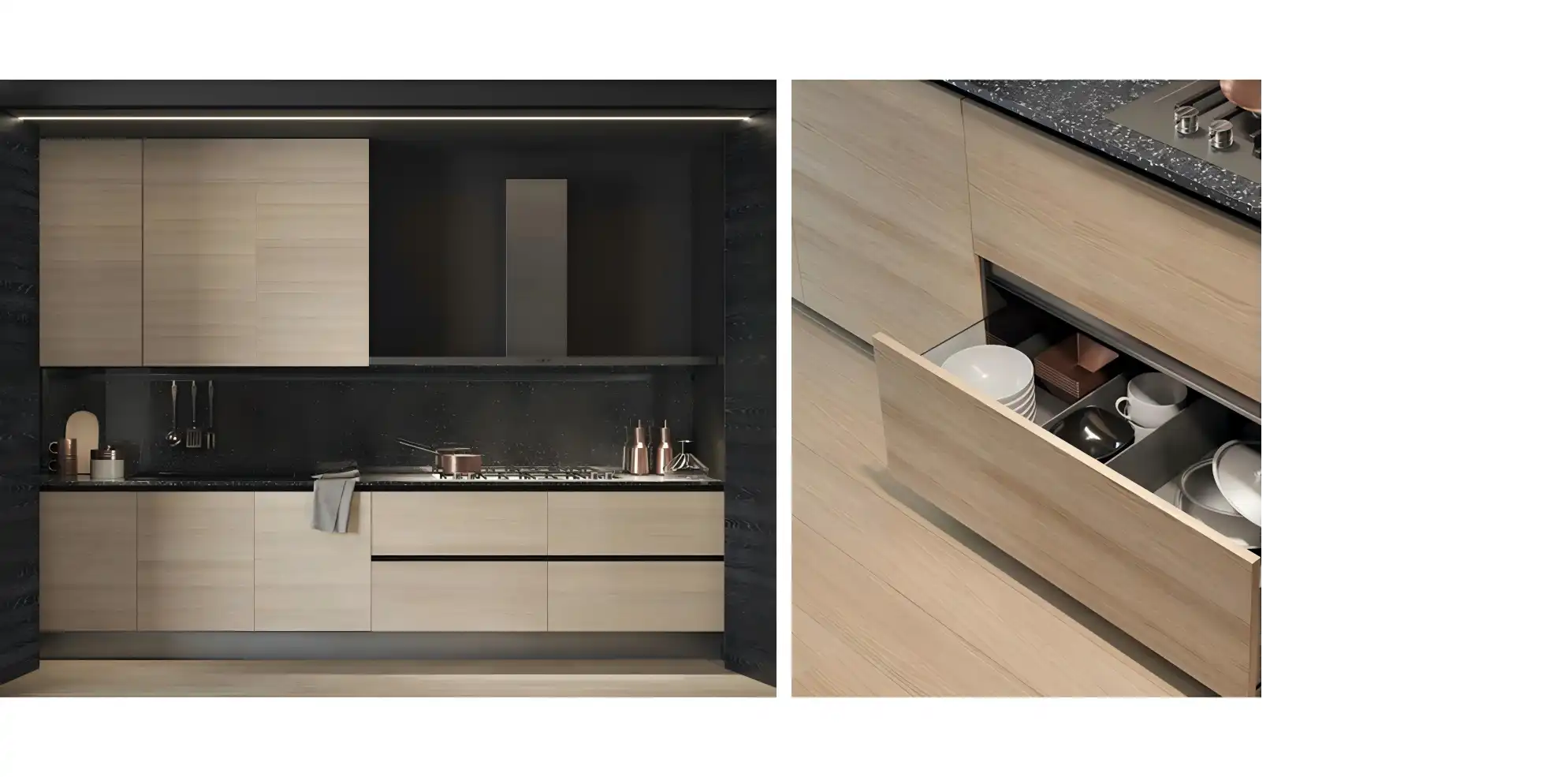 Light wood grain kitchen base cabinets with soft-close drawers, black speckled countertops, and integrated utensil storage in minimalist modern kitchen