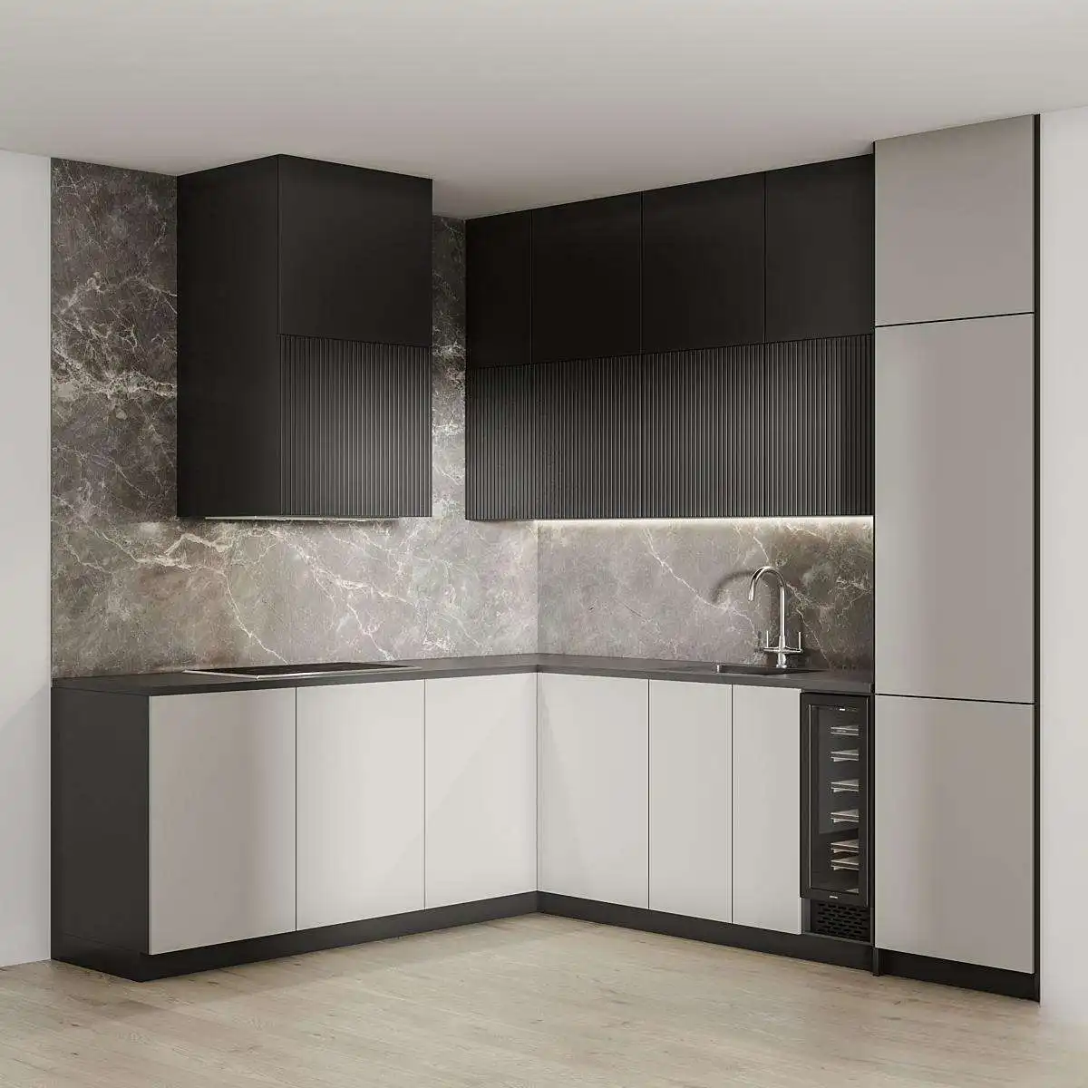 Modern Black and White Kitchen with Textured Cabinet Fronts and Marble Backsplash