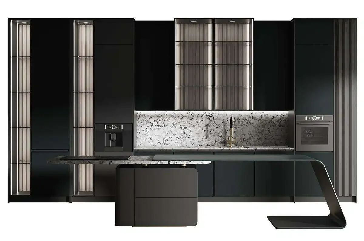 Modern Black Kitchen with Marble Countertops and Gold Accent Fixtures