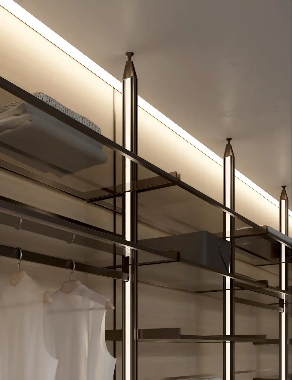 Modern Minimalist Walk-in Closet with Open Shelving and LED Lighting