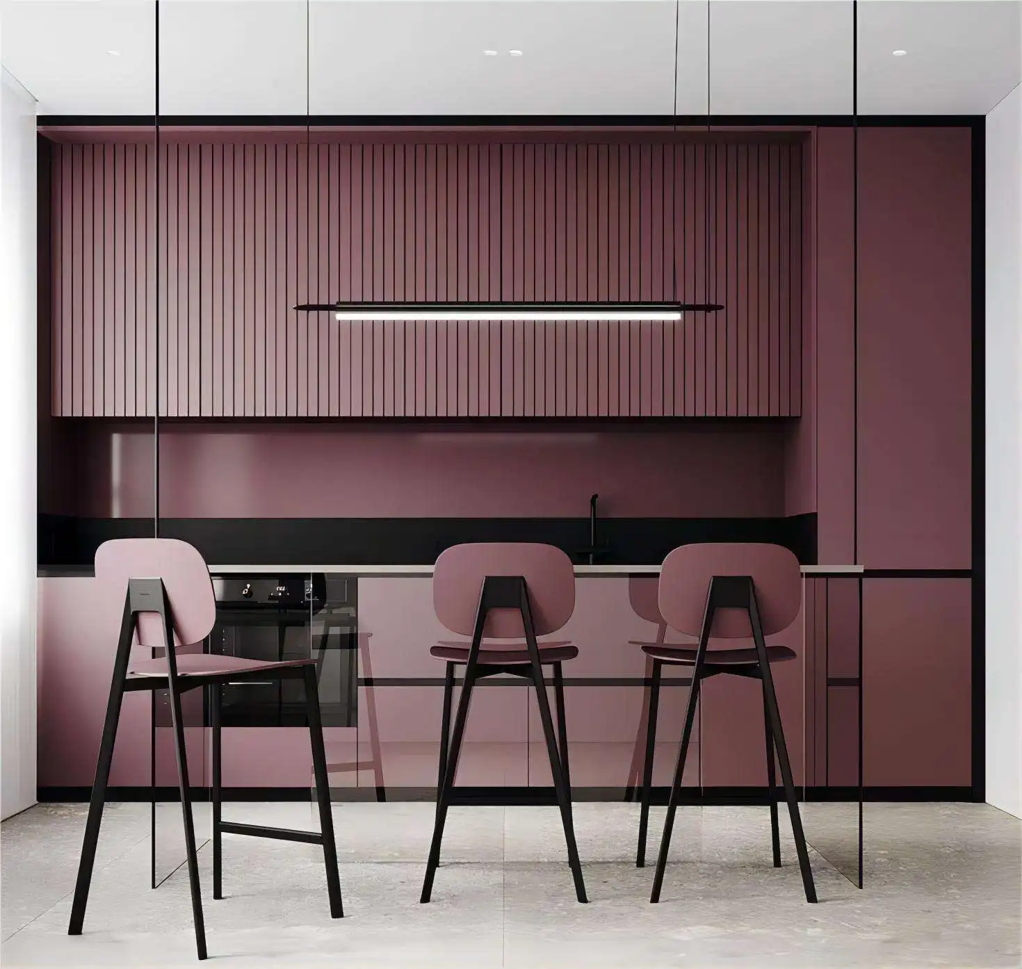 Bold Magenta Purple Kitchen Cabinets with Black Accents and Linear Lighting