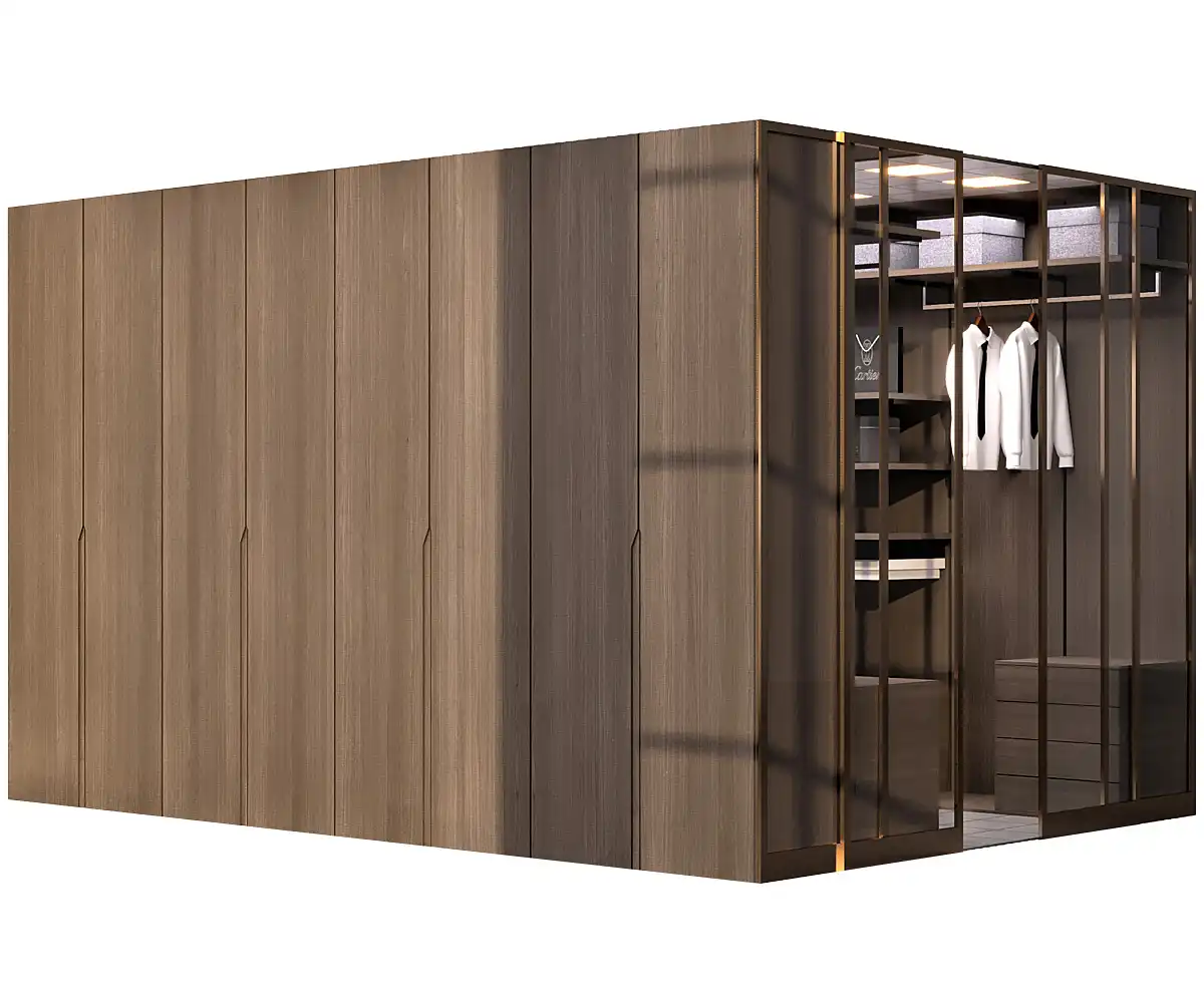 Modern Wooden Wardrobe with Glass Front Sections and Gold Metal Accents