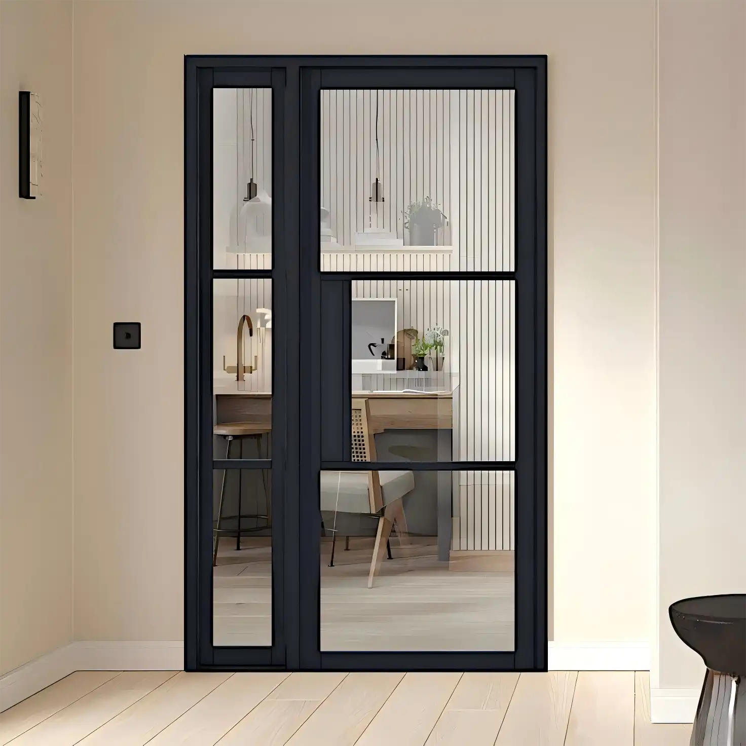 Modern black framed glass sliding doors with grid pattern in minimalist interior space, Dark Interior Doors design