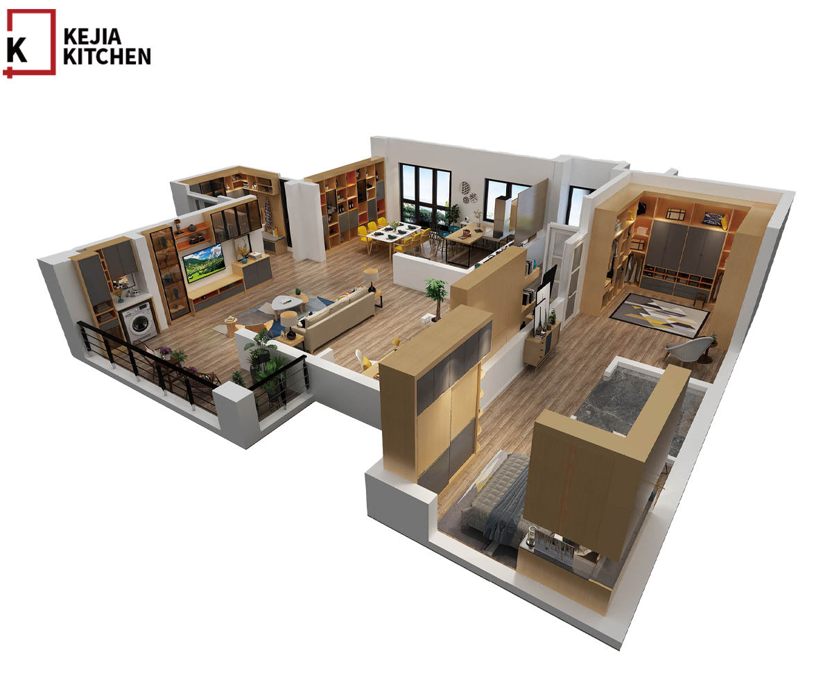 Whole House Custom Home Design 3D Rendering - Three Bedroom Open Concept Layout