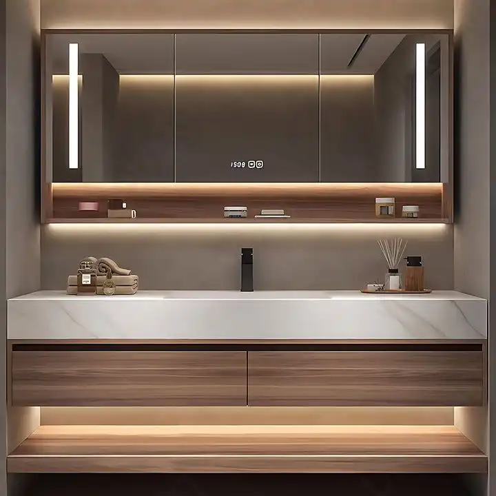 Modern Bathroom Vanity with White Marble Countertop and LED Mirror Lighting