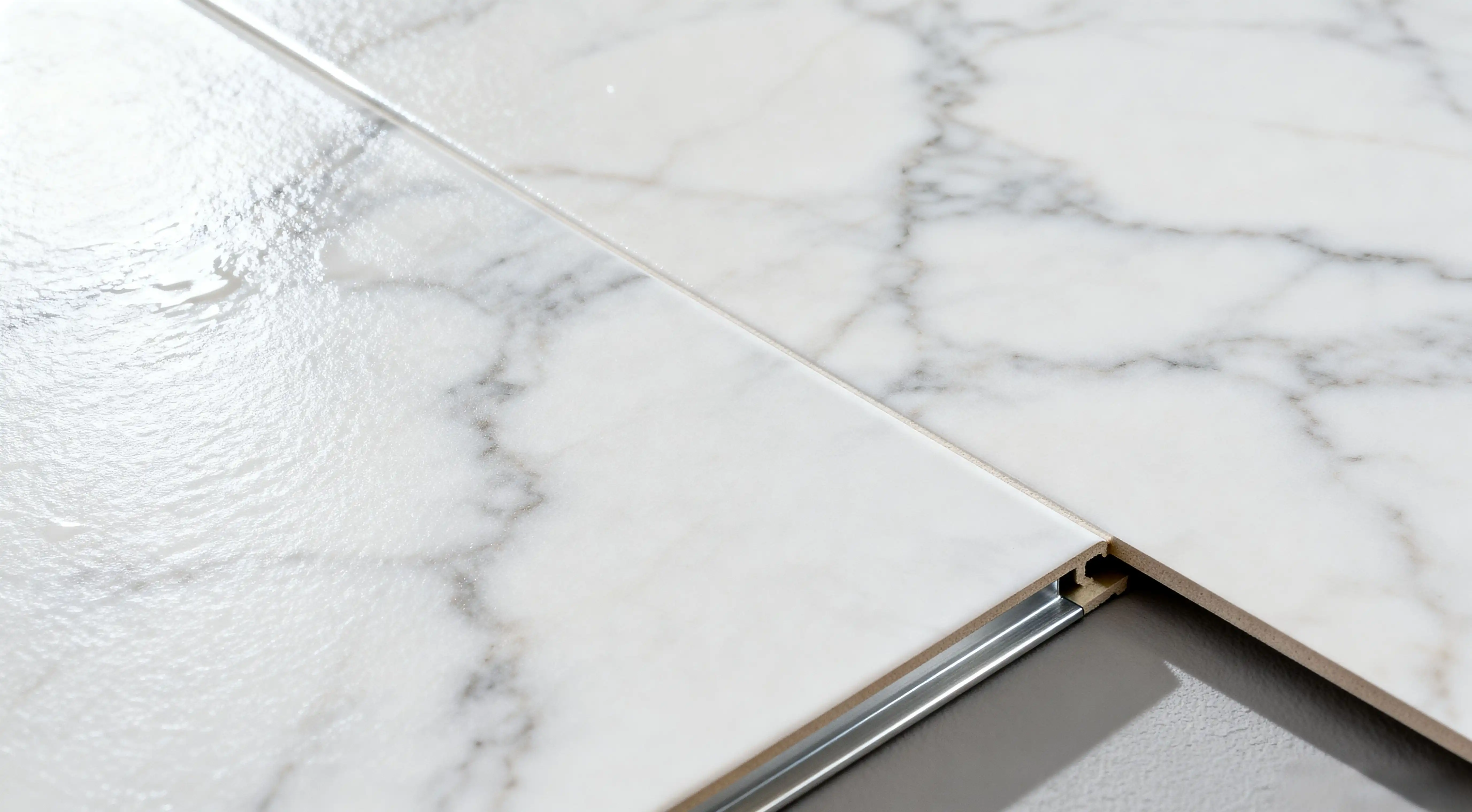White Marble Texture PVC Wall Panels with Seamless Installation and Metal Trim
