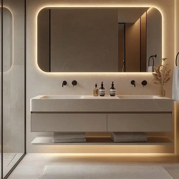 Modern Bathroom Vanity with White Marble Countertop and LED Mirror Lighting