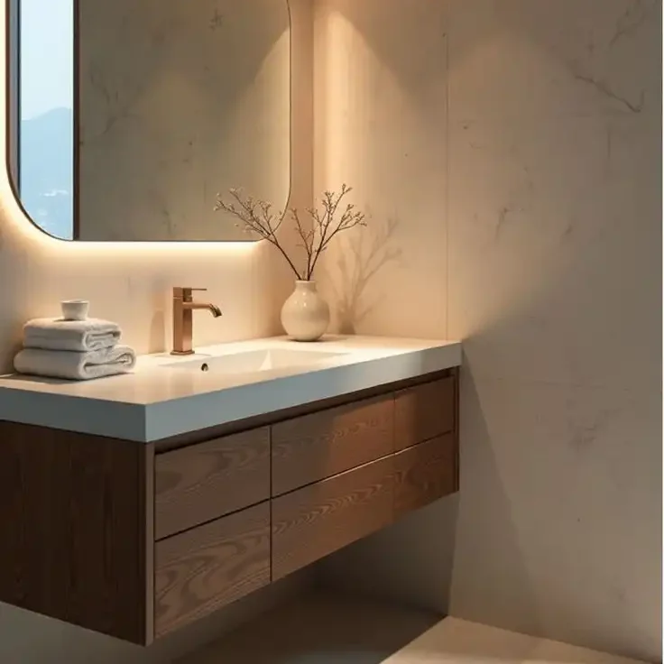 Modern Bathroom Vanity with White Marble Countertop and LED Mirror Lighting