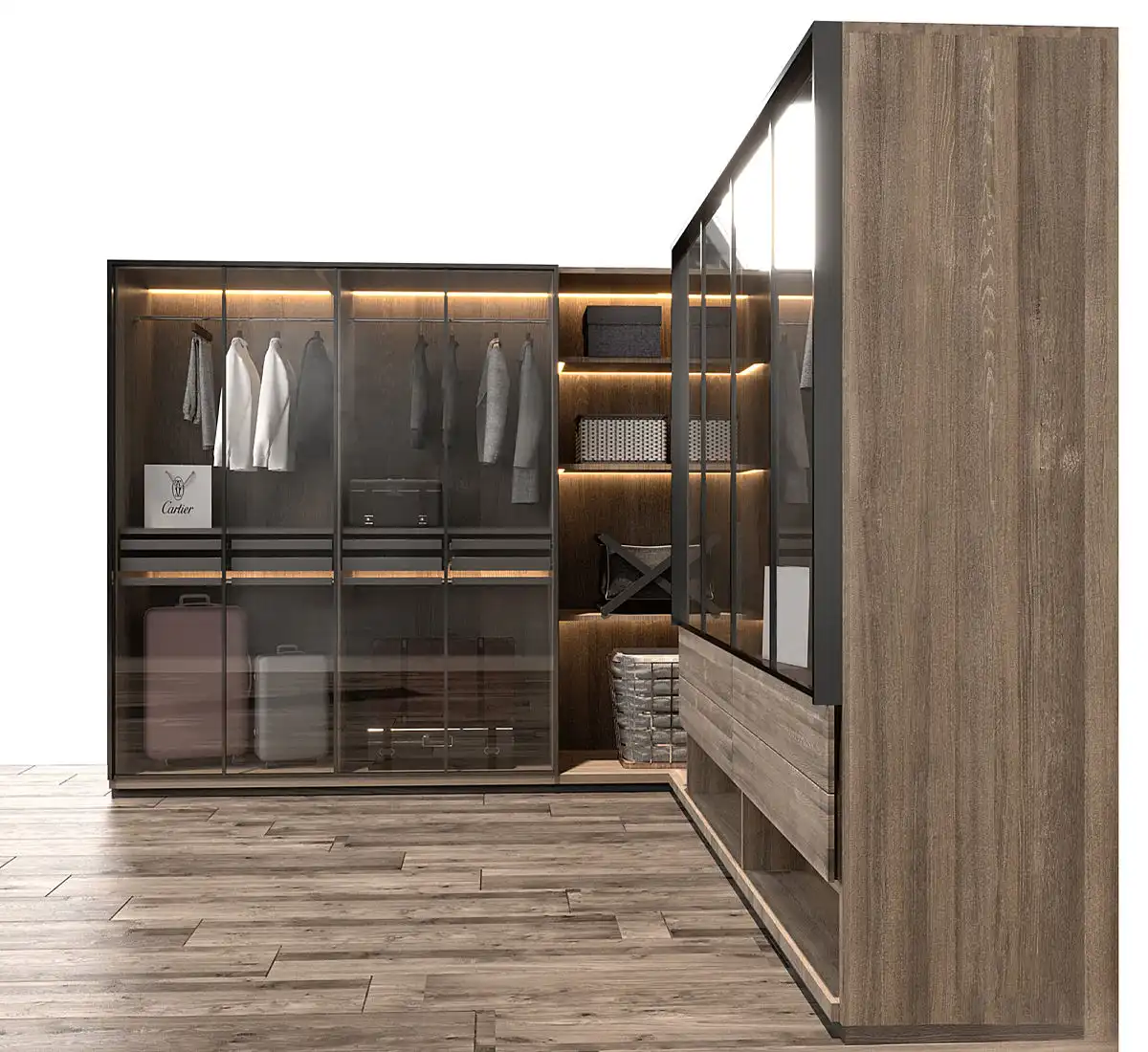 Modern Luxury Walk-in Closet Design with Glass Front Cabinetry and LED Lighting