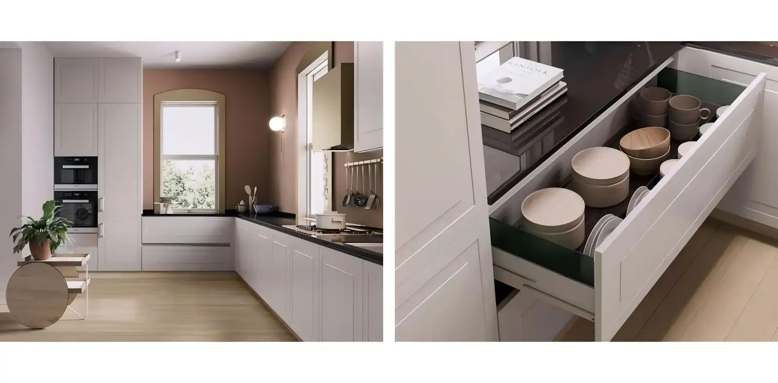 Modern white kitchen base cabinets with black countertops and organized drawer storage, showcasing clean lines and functional design for kitchen renovation