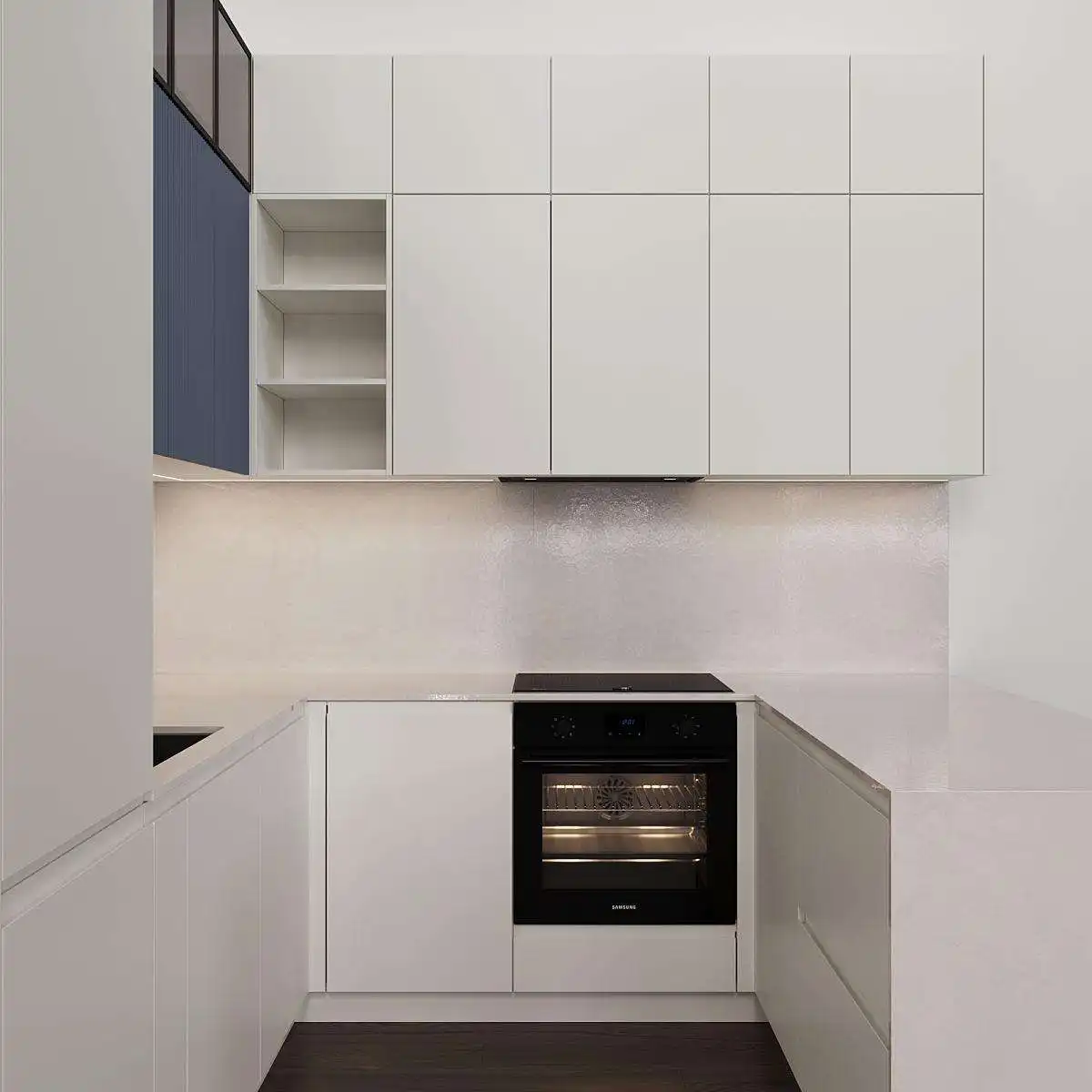 Modern White Kitchen with Handleless Cabinetry and Built-in Oven