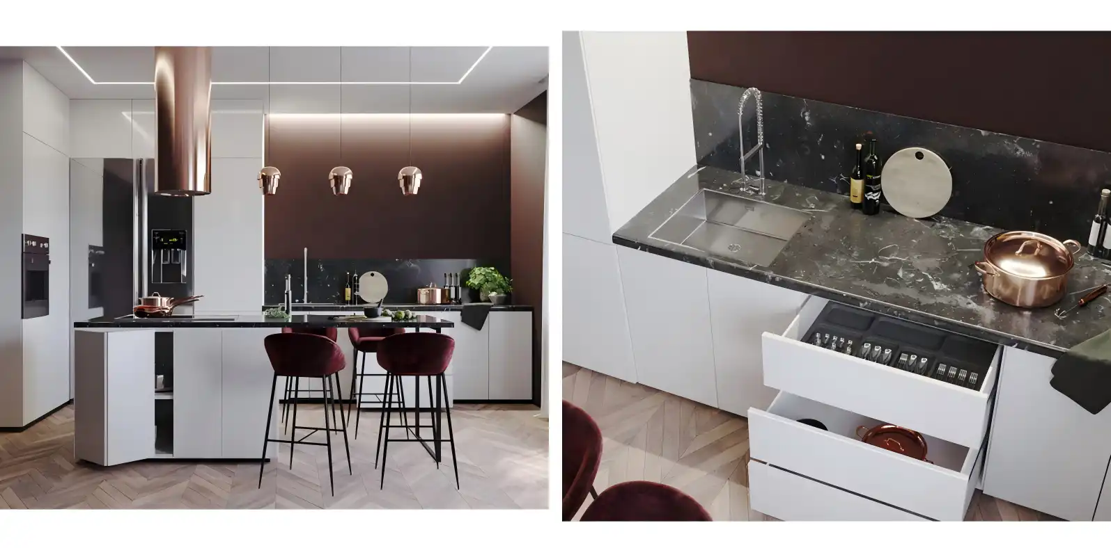 White high-gloss kitchen base cabinets with copper hardware, black marble countertops, and organized utensil drawers in modern luxury kitchen design