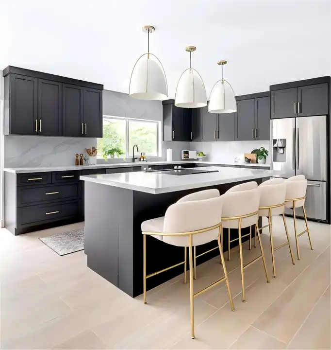 Striking Black Kitchen Cabinets with White Countertops and Gold Accents
