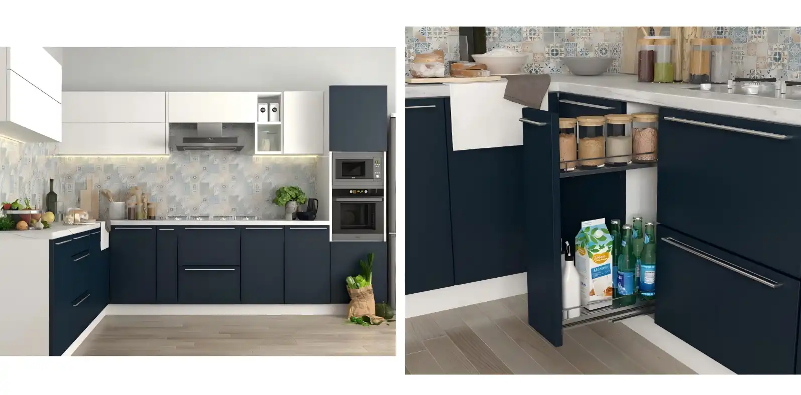 Navy blue kitchen base cabinets with pull-out pantry shelves, spice racks, and integrated oven in modern kitchen with patterned backsplash